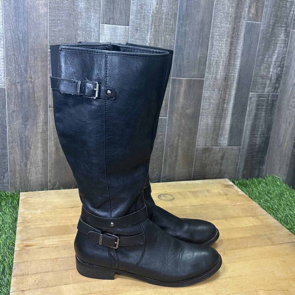 Arturo Chiang Women's Black Leather Knee High Riding Boots Side Zip Buckle